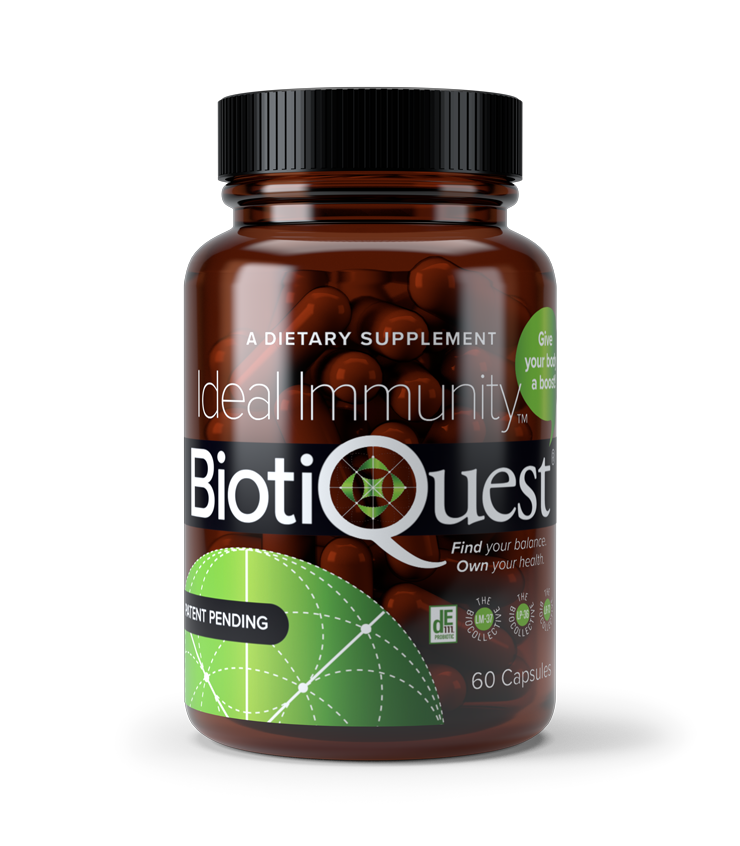 Front view of glass bottle with 60 capsules of Ideal immunity.