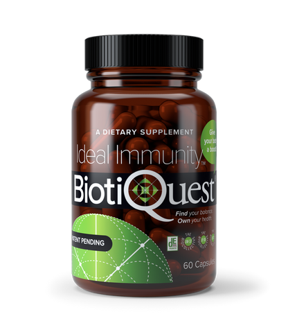 Front view of glass bottle with 60 capsules of Ideal immunity.