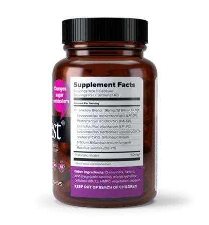 Side view of glass bottle containing 30 capsules of Sugar Shift antibiotic supplement and a supplement facts label