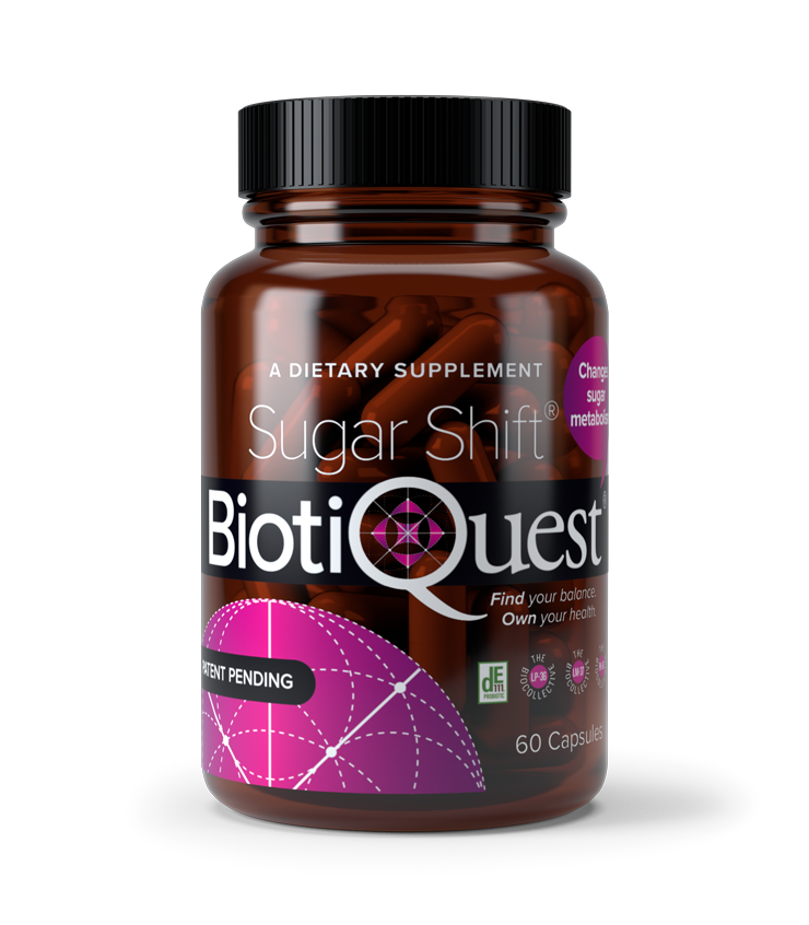 Front view of glass bottle containing 30 capsules of Sugar Shift antibiotic supplment.
