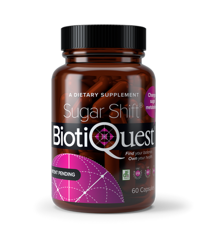 Front view of glass bottle containing 30 capsules of Sugar Shift antibiotic supplment.
