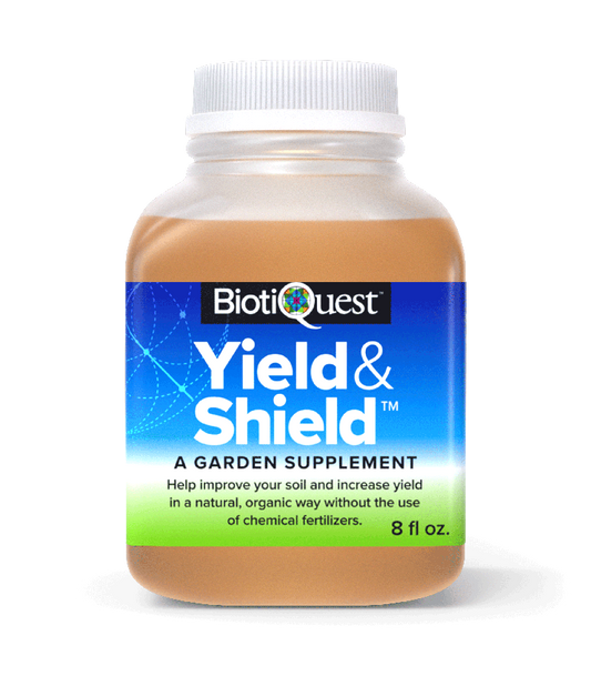 Front side of Yield and Shield 8 fluid ounce container of liquid.